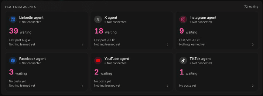 The Platform agents tile in the ArkivistAMP dashboard, showing each platform agent with its waiting drafts, last post and learning status.